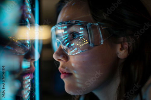 Woman looking at screen with reflections on her glasses.