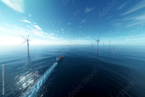 Boat sailing through a wind farm at sea