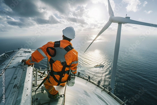 Technician inspecting an offshore wind turbine at sea