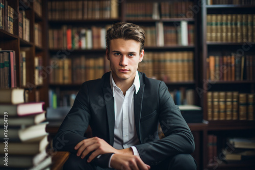 Generative AI photo of attractive clever smart student in library against bookshelf
