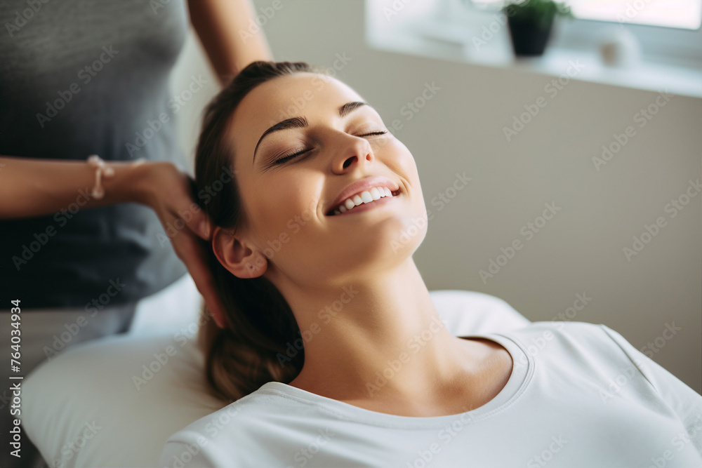 Generative ai photo image of happy relaxed smiling person enjoying professional doctor massage Generative ai photo image of happy relaxed smiling person enjoying professional doctor massage