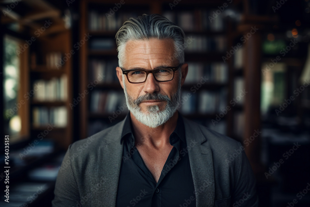 Middle age male librarian or college teacher standing in library in front of book shelves generated by AI Middle age male librarian or college teacher standing in library in front of book shelves generated by AI