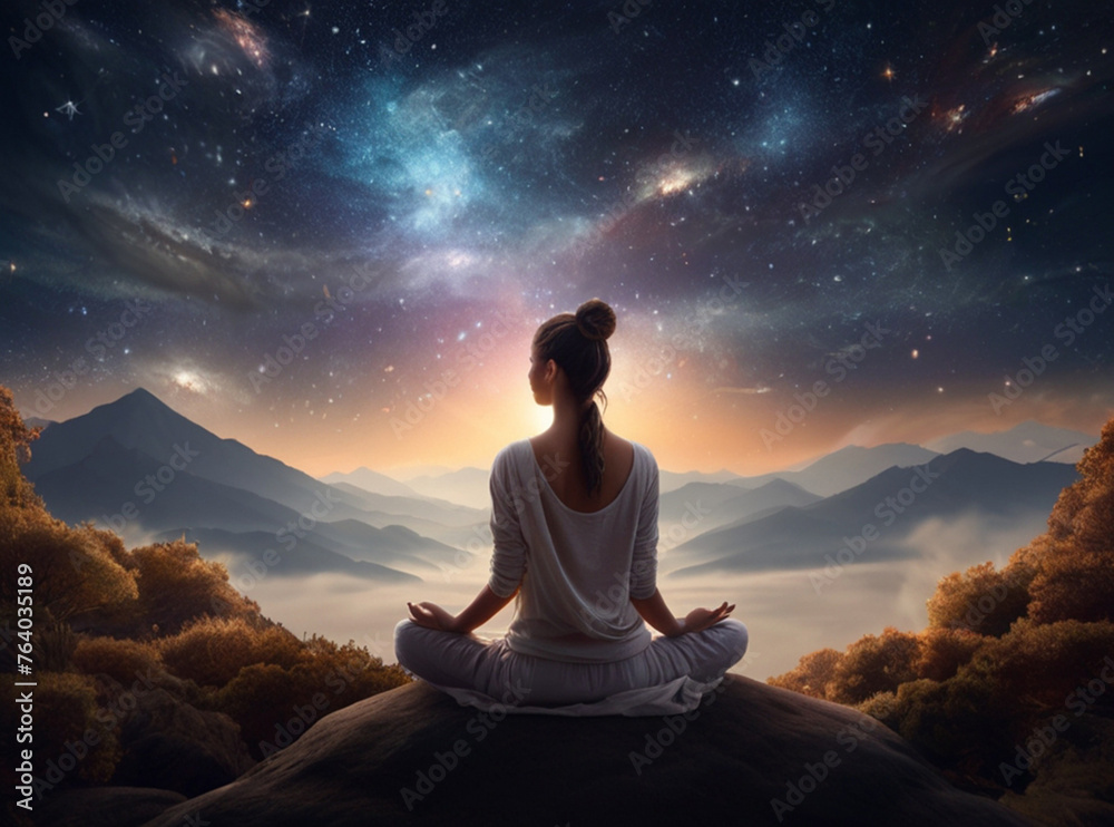 Portrait of young beautiful woman meditates against a backdrop of starry space, concept of chakra healing, spirituality, meditation and cosmic unity.	