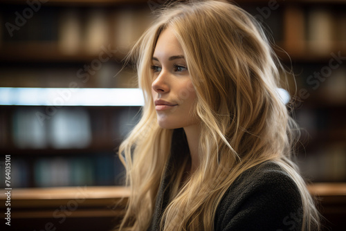 Female student standing in front of book shelves in college library generative AI technology