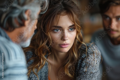 Woman with serious expression in a business meeting with two male colleagues out of focus in the background photo