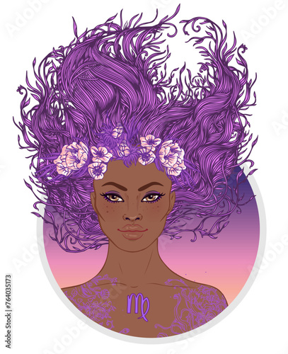 Illustration of Virgo astrological sign as a beautiful African American girl....