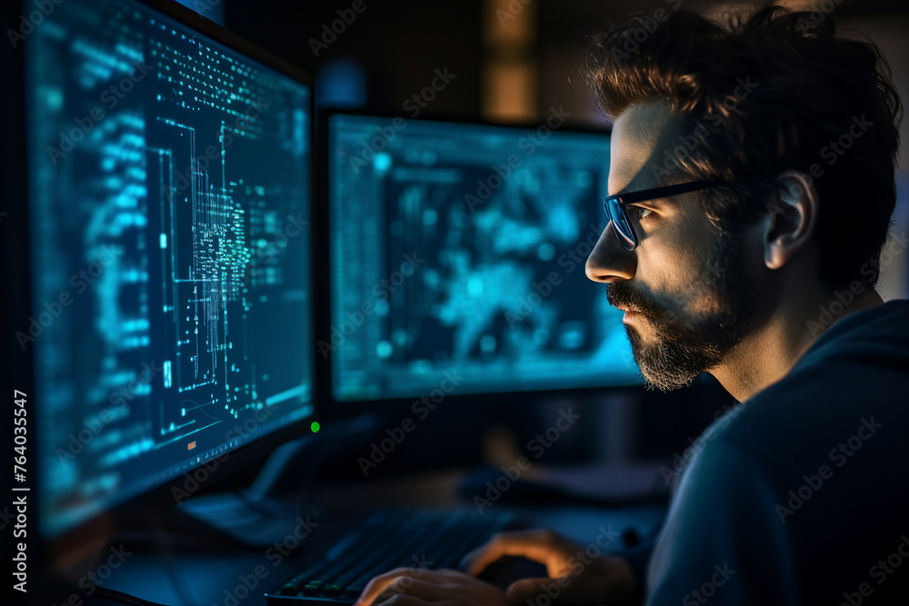 Hard working person in modern interior office programming writing web java script code AI technology generation