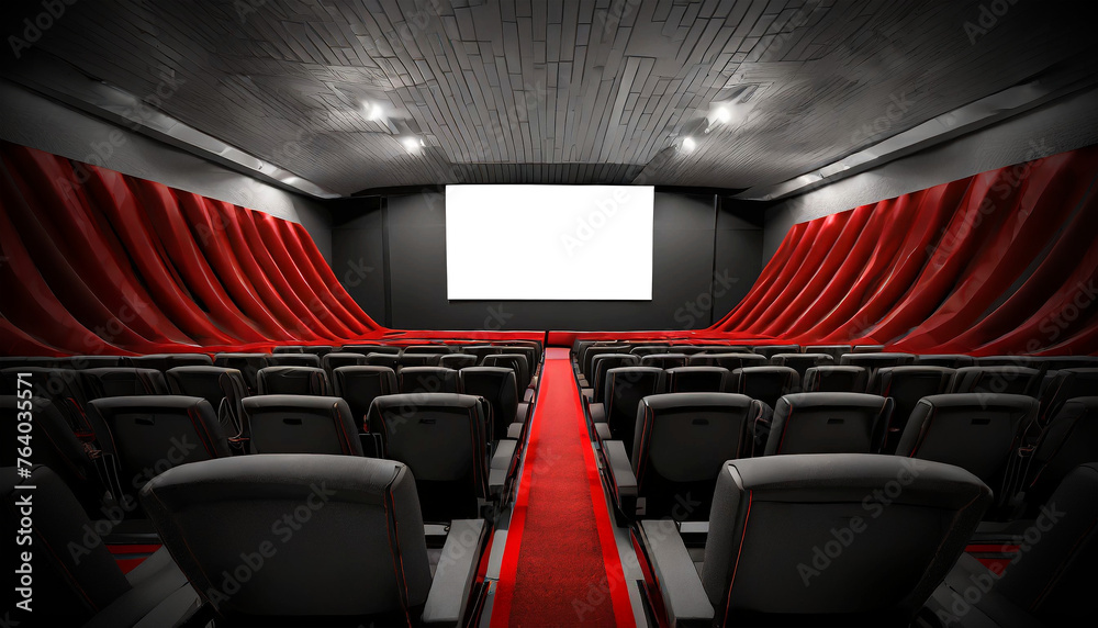 Movie theater with black and red cinema seats and empty screen with copy space, isolated on white or transparent background, png. Generative Ai. Movie theater with black and red cinema seats and empty screen with copy space, isolated on white or transparent background, png. Generative Ai.