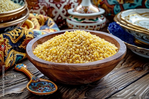 Bulgur in a wooden rustic wooden bowl on table decorate with turkish style
