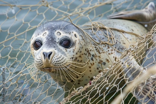 Grey Seal trapped in a fisherman's net and injured photo