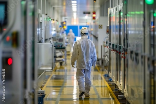 Worker or engineer wears protective suit or white coverall suit work in semiconductor manufacturing factory photo