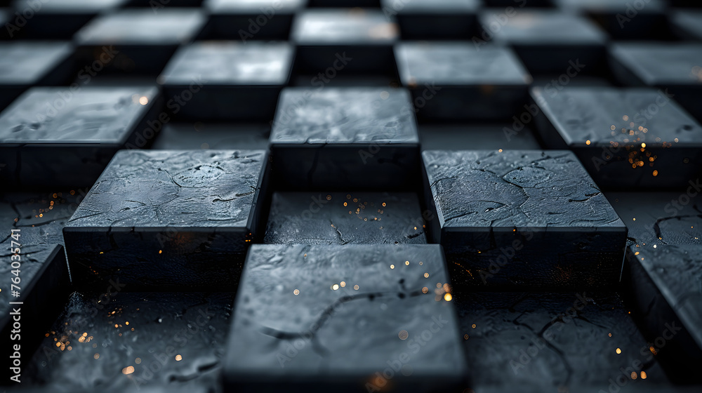 Dimly lit pattern of black cubes with strategic orange highlights creating a dramatic mood Dimly lit pattern of black cubes with strategic orange highlights creating a dramatic mood