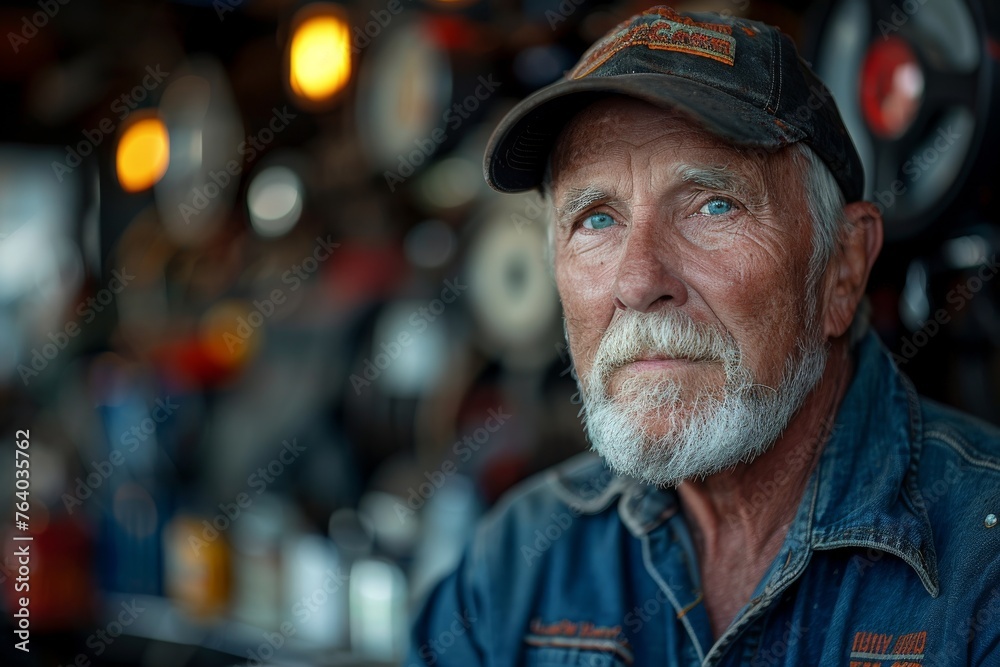 An elderly biker, showcasing a lifestyle committed to motorcycle culture and craftsmanship An elderly biker, showcasing a lifestyle committed to motorcycle culture and craftsmanship