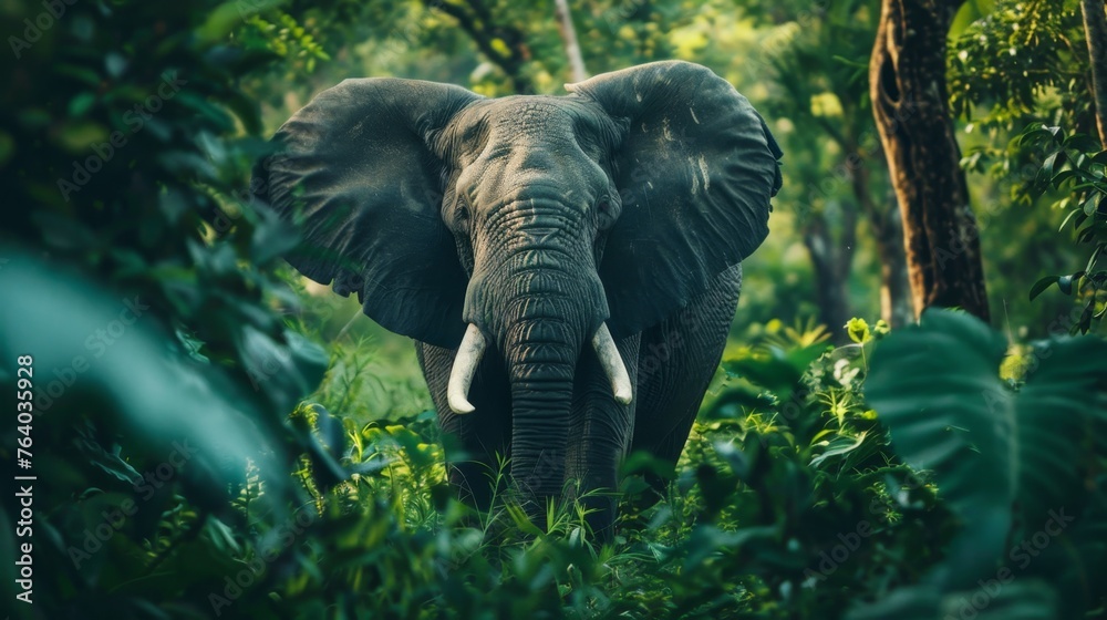 Fototapeta premium Elephant Standing In Green Forest