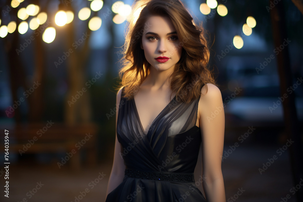 Generative AI portrait of a sophisticated elegant woman on fashion week posing in new collection dress Generative AI portrait of a sophisticated elegant woman on fashion week posing in new collection dress