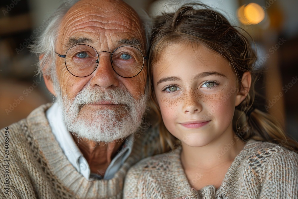 A tender portrait of a senior man and his young granddaughter, with a focus on their shared gaze A tender portrait of a senior man and his young granddaughter, with a focus on their shared gaze