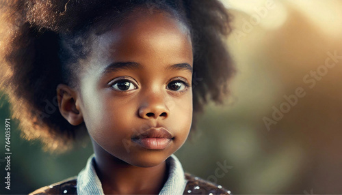 Close up no rosto de uma criança com expressão de contemplação, menina negra, com fundo desfocado. photo