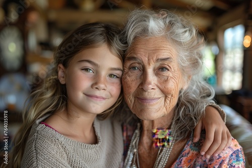 Intimate portrait capturing the affectionate embrace between an elderly woman and a young girl