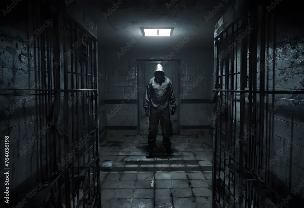 A hooded man in a dark prison cell. AI created. 