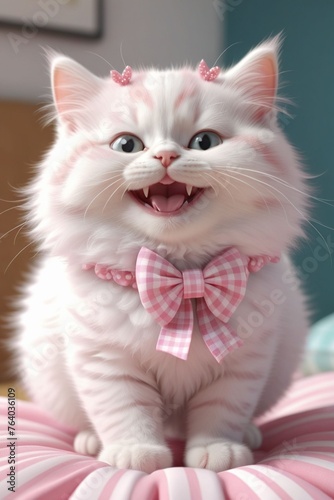 An adorable pink fat kitten, very happy, vertical composition