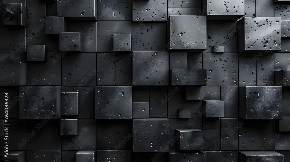 Detailed view of a pattern composed of black textured cubes with some showing scratches and imperfections Detailed view of a pattern composed of black textured cubes with some showing scratches and imperfections