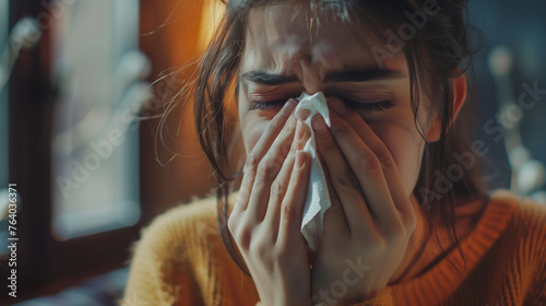 Young Woman Covering Face With Napkin. Generative AI photo