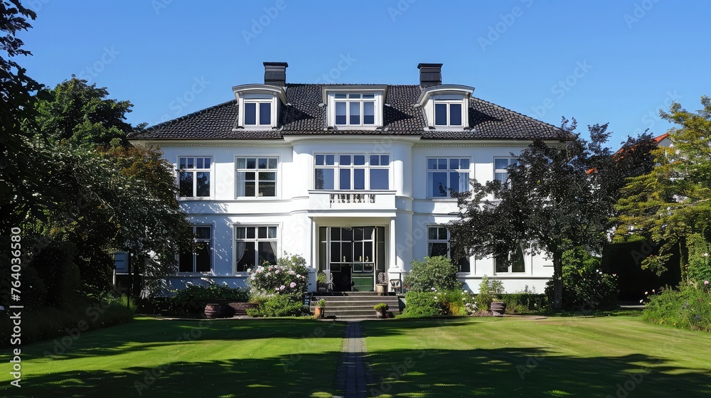 White villa on a lovely summer day in Ordrup, a Copenhagen neighborhood.