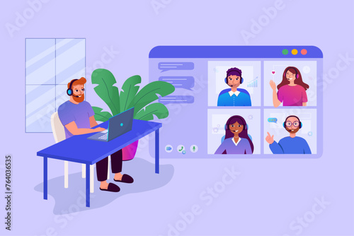A man in a home office uses a laptop for collective virtual team building or group video conference with clients, colleagues. A man wearing headphones at his desk talks with colleagues online.