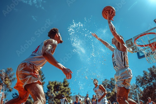 Intense outdoor basketball match captured in a dynamic freeze-frame moment highlighting player action and vibrant energy