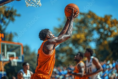 A basketball player in orange jumps high to score, displaying muscular physique and intense gameplay concentration