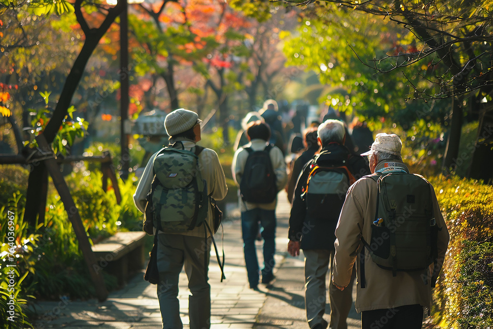 A large group of pensioners with backpacks and sportswear goes on a hike.