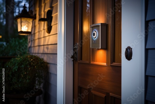Smart doorbell on a rustic wooden front door at dusk