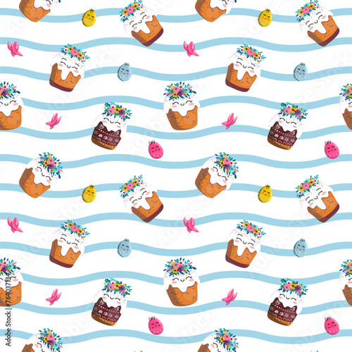 Easter kulich with a wreath of flowers. On light background for cards, banners, textiles. Vector illustration.