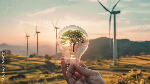 Innovative Green Energy Concept with Tree in Lightbulb. Hand holding a lightbulb encapsulating a thriving tree, with wind turbines in the background, symbolizing sustainable and renewable energy sourc photo