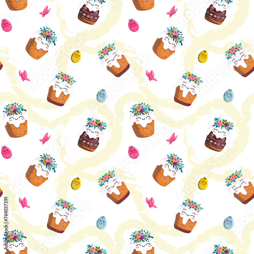 Easter kulich with a wreath of flowers. On light background for cards, banners, textiles. Vector illustration.