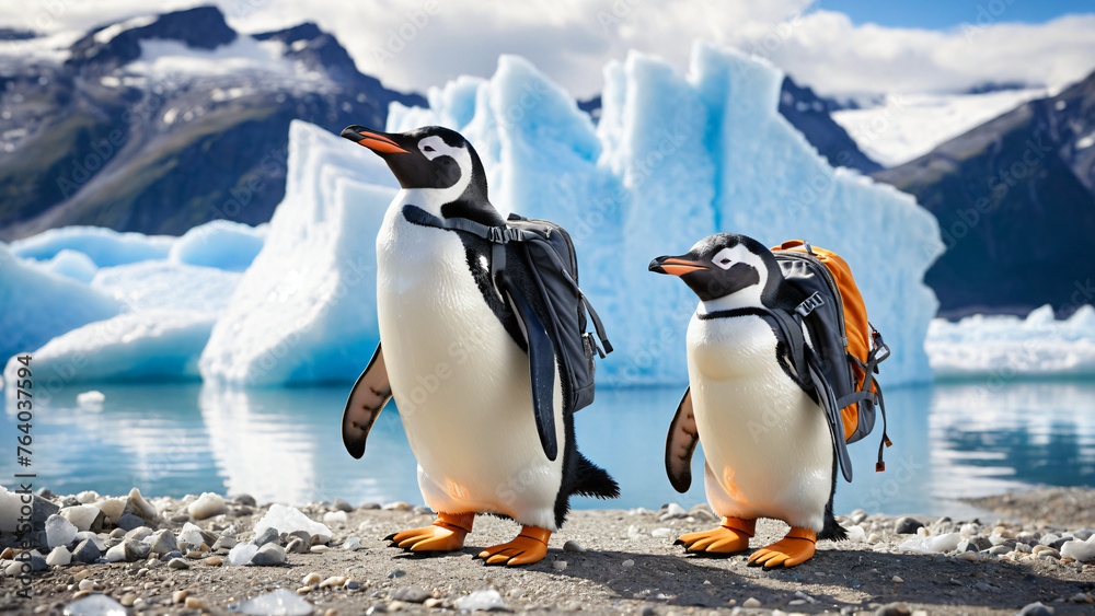 Fototapeta premium A penguin explorer in expedition gear stands on the edge of a glacier or iceberg against. Advertising background.
