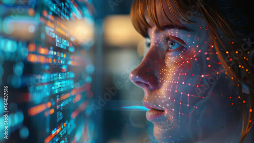 Reflective Woman and Data Stream Interface. A pensive young woman is surrounded by a dynamic stream of digital data, reflecting the convergence of humanity and technology.
