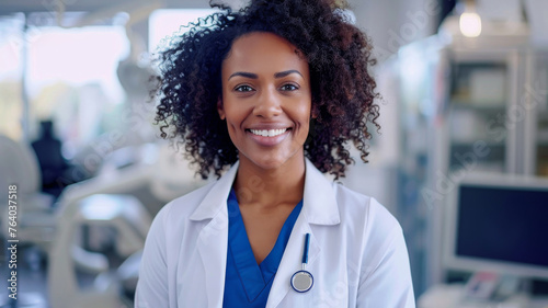 Radiant Healthcare Professional in Clinic. Confident African American female doctor with stethoscope in a bright medical office.