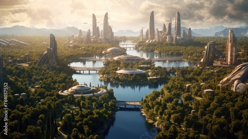 A Futuristic City Surrounded by Trees and Water. photo