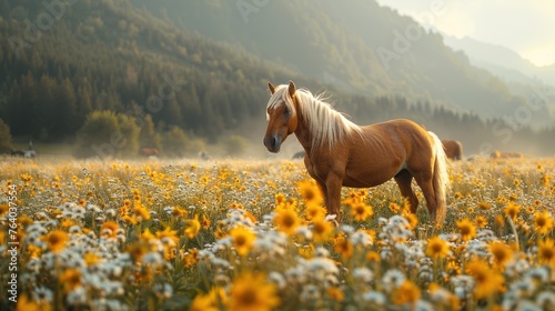 Wild horses on clean alpine meadows photo