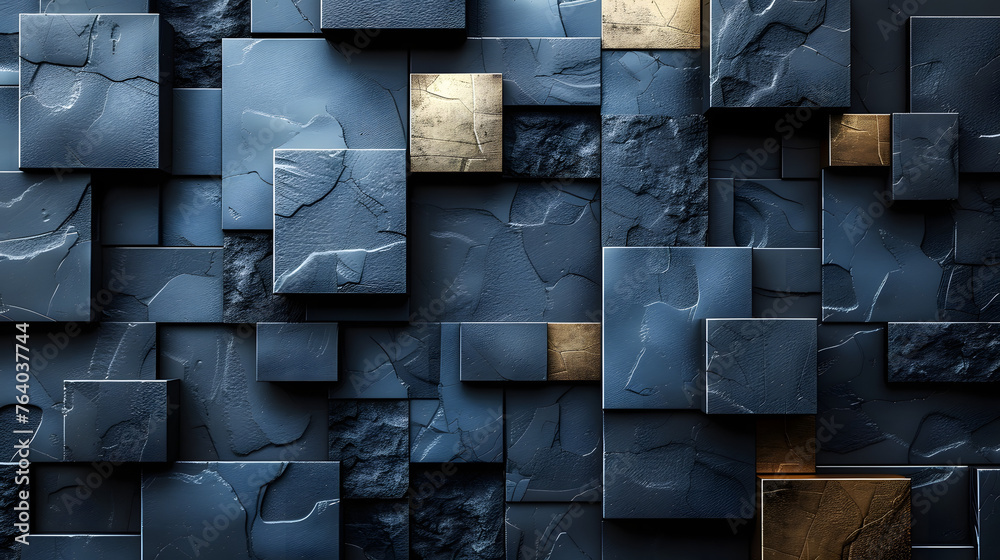 This image portrays an artistic 3D pattern of various blue and gold blocks creating a textured wall effect This image portrays an artistic 3D pattern of various blue and gold blocks creating a textured wall effect