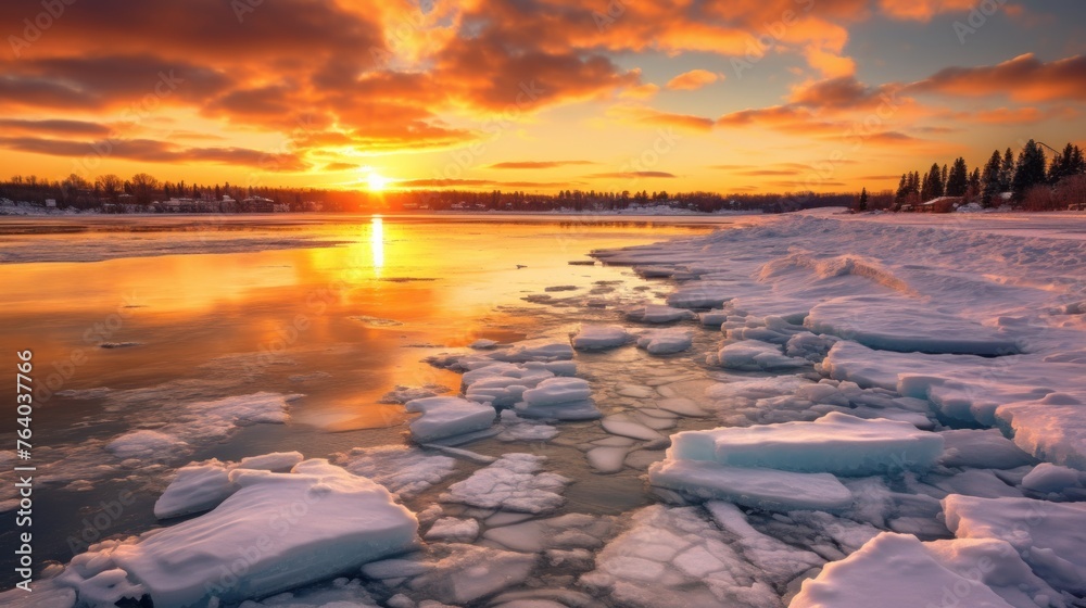 Beautiful Sunset at Ottawa river in the winter. AI generated