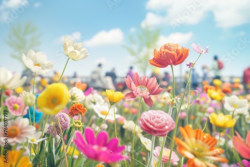 春のお花と楽しそうな人々（4月・お花見・春爛漫）