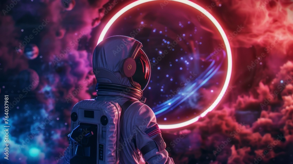 astronaut in a suit observing a neon circle astronaut in a suit observing a neon circle
