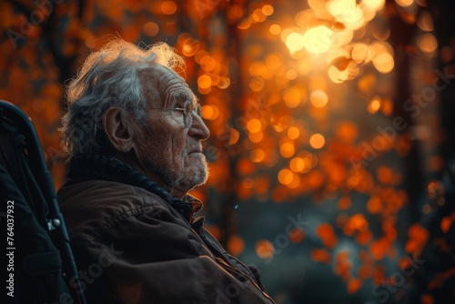 A serene, elderly individual sitting, soaking in the warmth of the autumn ambiance, surrounded by fiery fall foliage