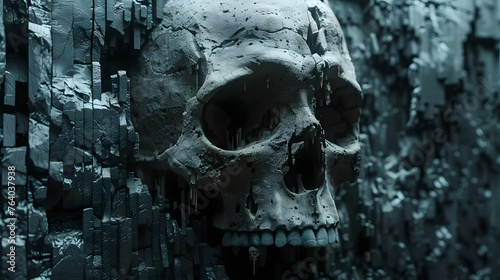 A haunting image featuring a human skull centered among textured cubes, shrouded in blue hues, evoking mortality and chaos