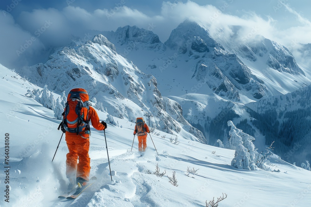 Two adventurous mountaineers climbing a snowy peak with determination and resilience against the rugged mountain backdrop Two adventurous mountaineers climbing a snowy peak with determination and resilience against the rugged mountain backdrop