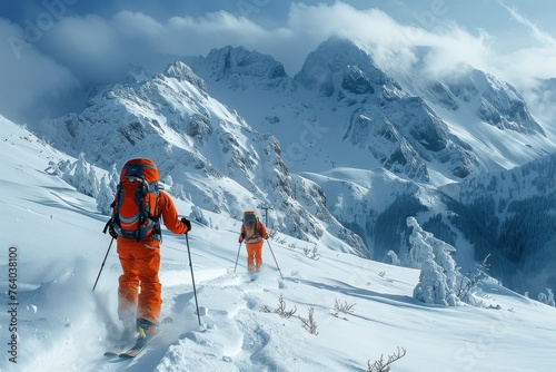 Two adventurous mountaineers climbing a snowy peak with determination and resilience against the rugged mountain backdrop