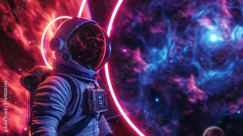 astronaut in a suit observing a portal style neon circle in space with neon clouds