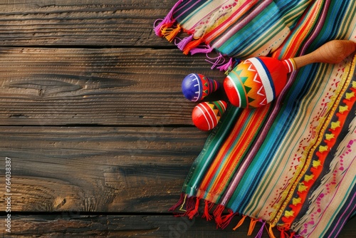 Cinco de Mayo background image on with maracas and serape on wooden rustic boards - generative ai